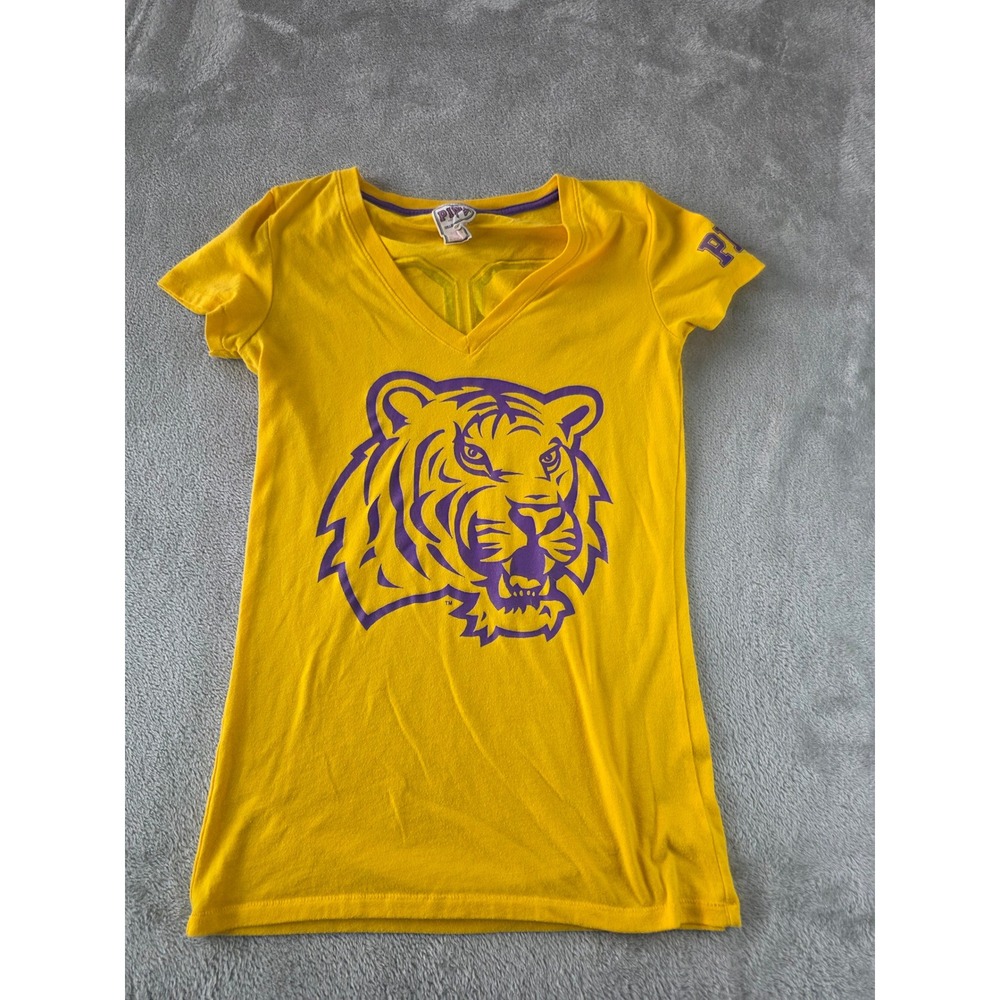 PINK Victoria's Secret T-Shirt Women XS Yellow LSU Tigers V-Neck Graphic Tee